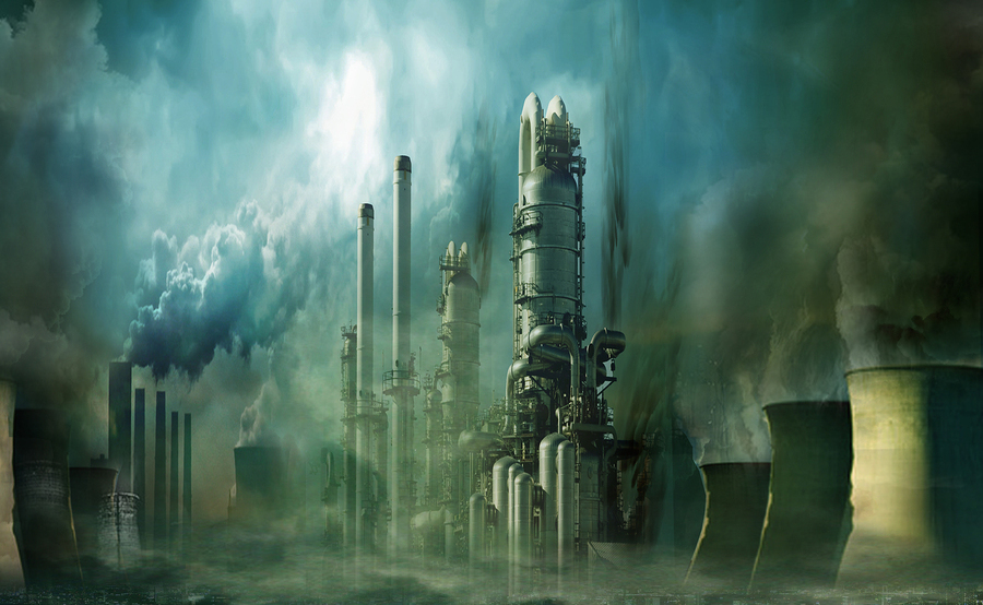 Composition of futuristic city with huge factory covered in dark clouds and smog pollution